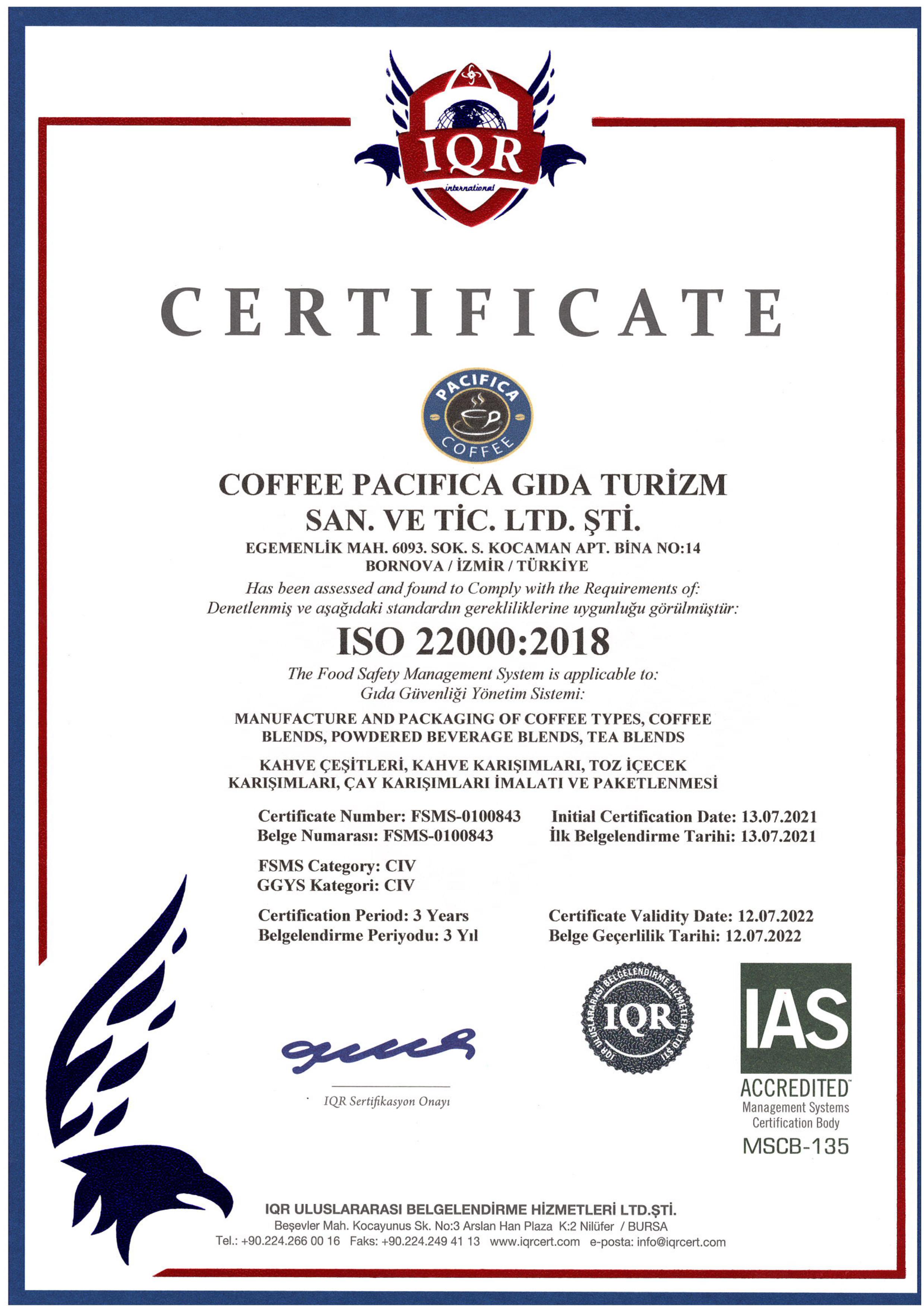 Coffee Pacifica Kaliteli Üretim Sertifikası ISO 22000:2018